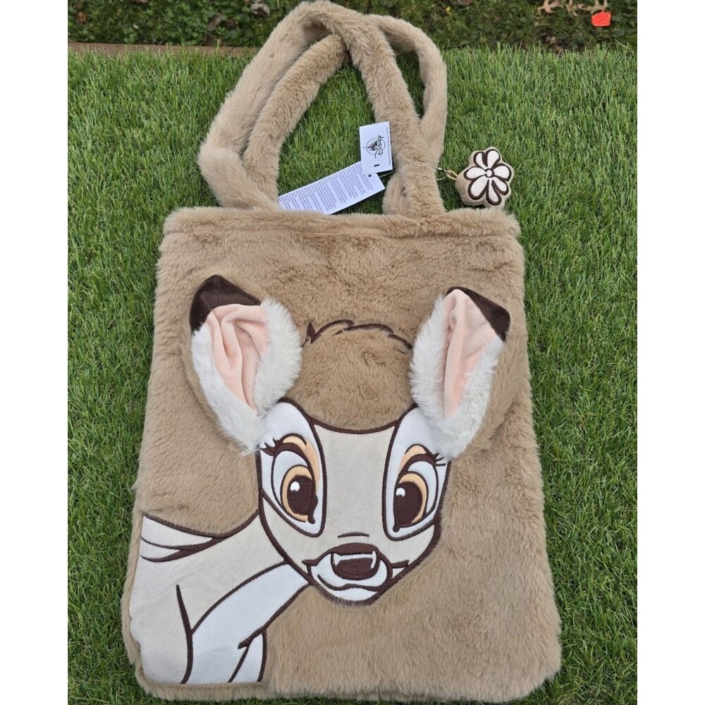 Disney Parks Bag Tote NWT Fuzzy Bambi Print With Magnetic Clasp & Flower Charm